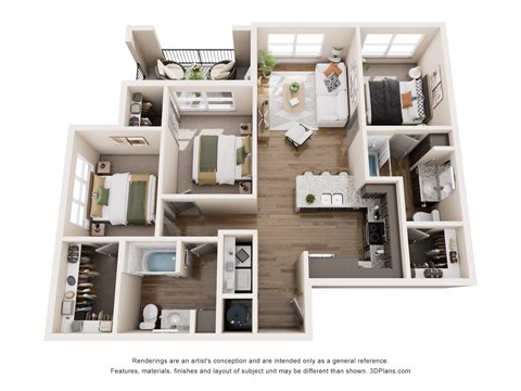Floor plan for 3 beds, 2 baths, 1102 sqft